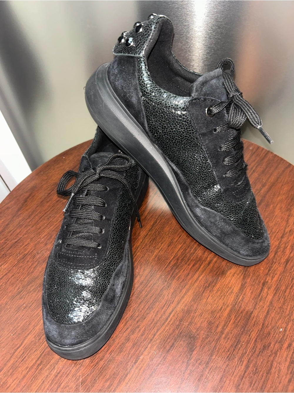 GEOC footwear Women's Respira black sparkly jeweled Italian leather sneakers